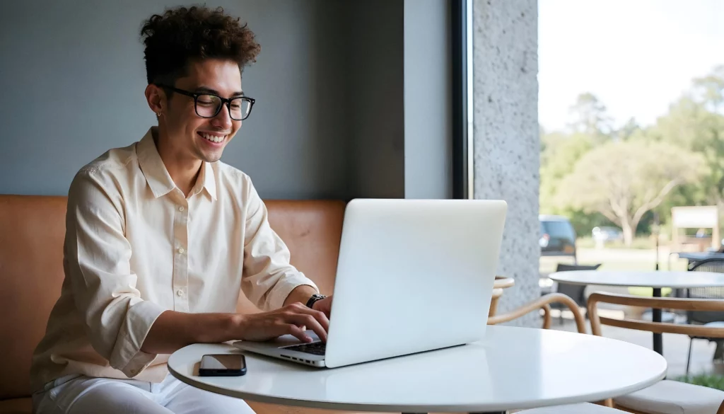 young-man-smiling-while-using-laptop-bright-cafe-setting